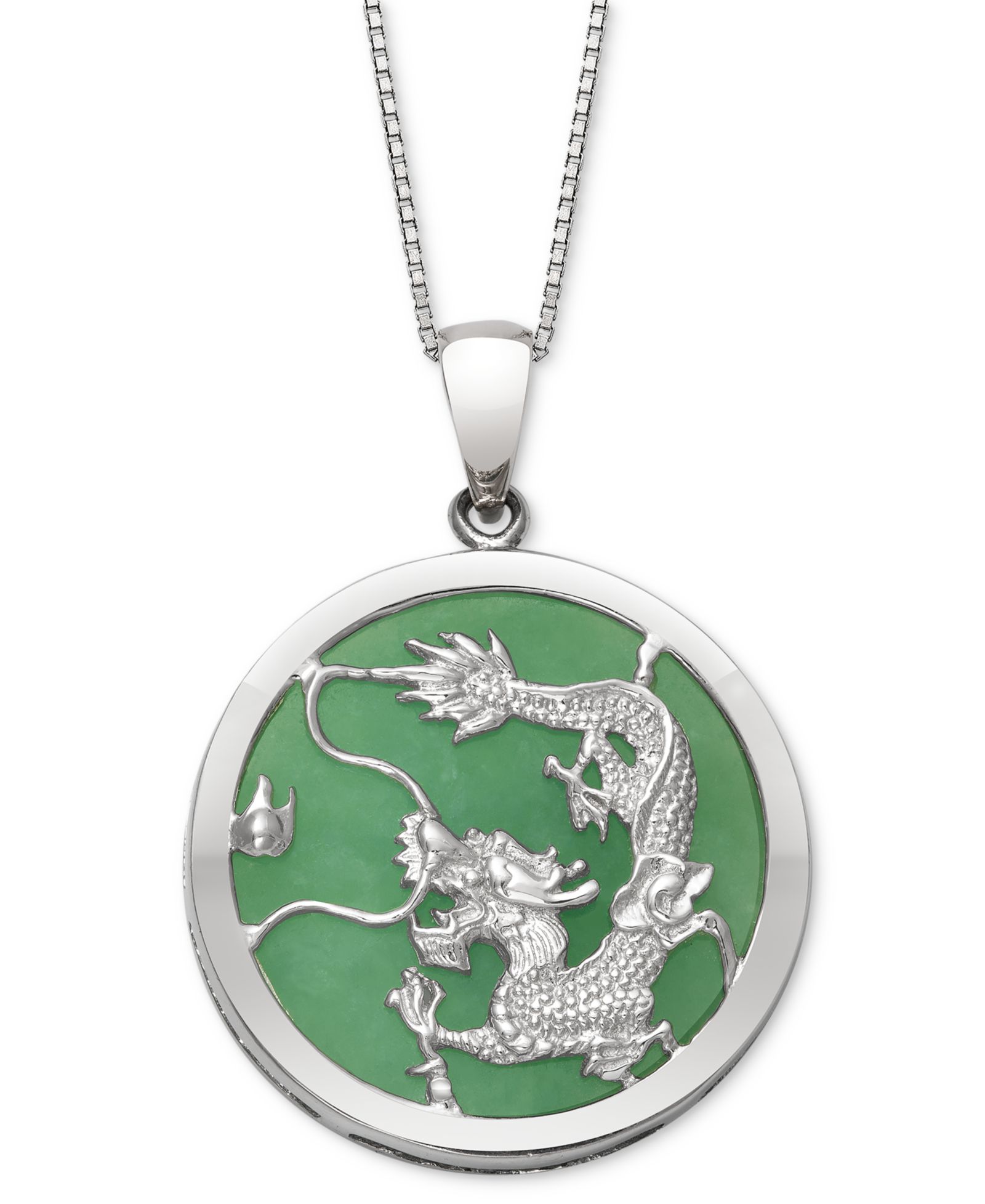 Ожерелье-подвеска Macy's Dyed Green Jade Dragon Disc 18" в стерлинговом серебре