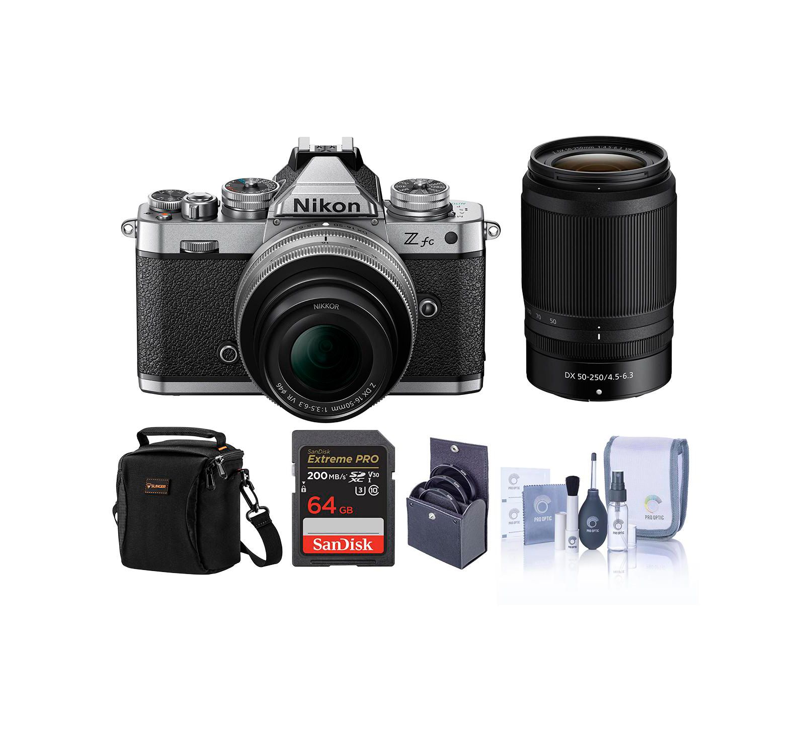 Nikon Z fc DX-Format Mirrorless Camera with 16-50mm f/3.5-6.3 Lens, Silver and 50-250mm f/4.5-6.3 Lens, Bundle with 64GB Memory Card, Bag, 62mm