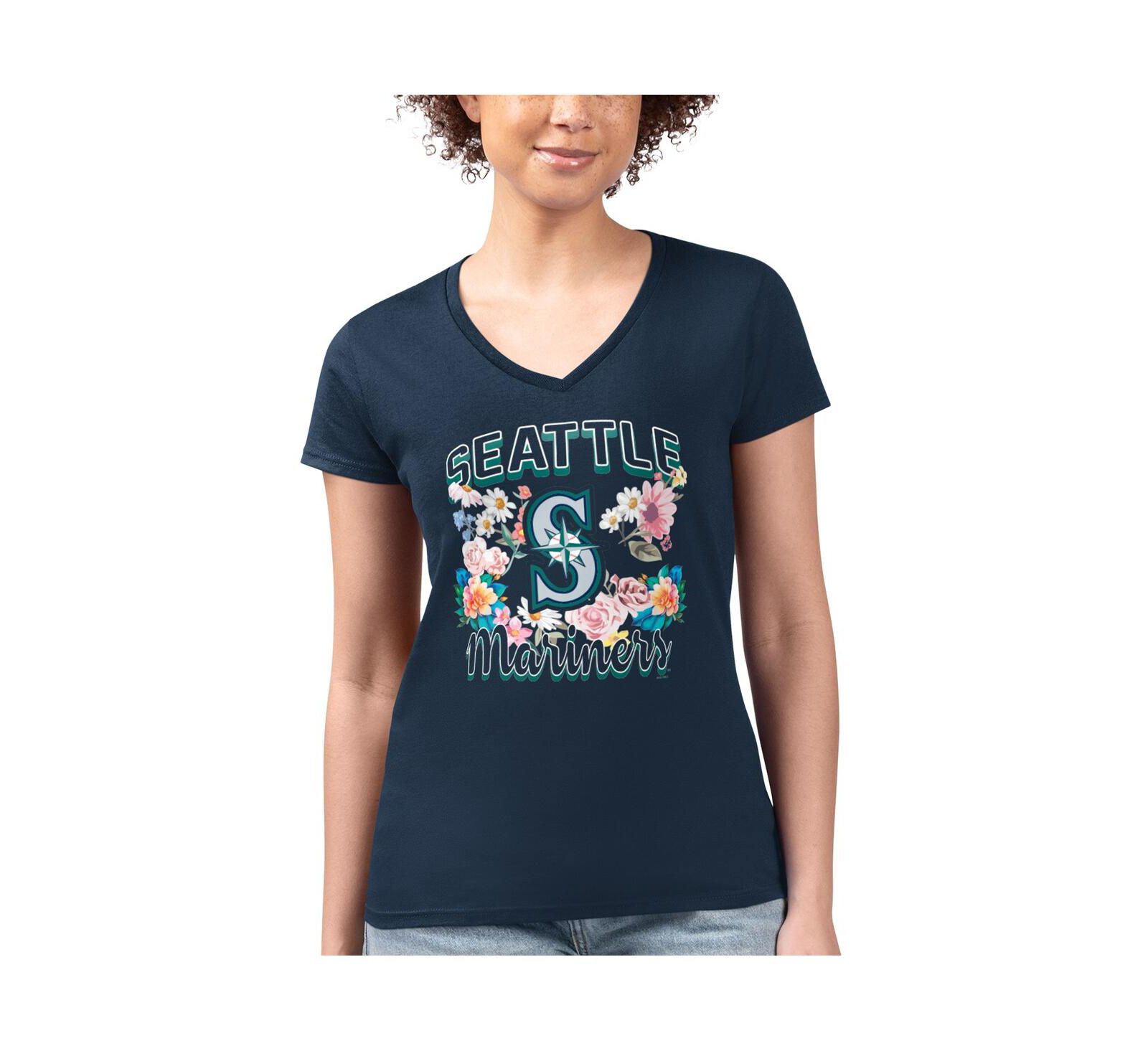 G-III 4Her by Carl Banks Women's Navy Seattle Mariners Super-Slim Fit Lightweight Flowers Graphic V-Neck T-Shirt