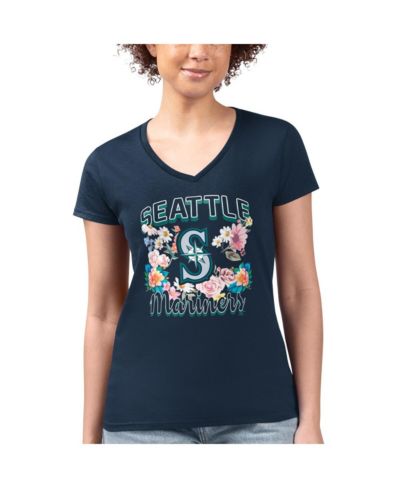 G-III 4Her by Carl Banks Women's Navy Seattle Mariners Super-Slim Fit Lightweight Flowers Graphic V-Neck T-Shirt