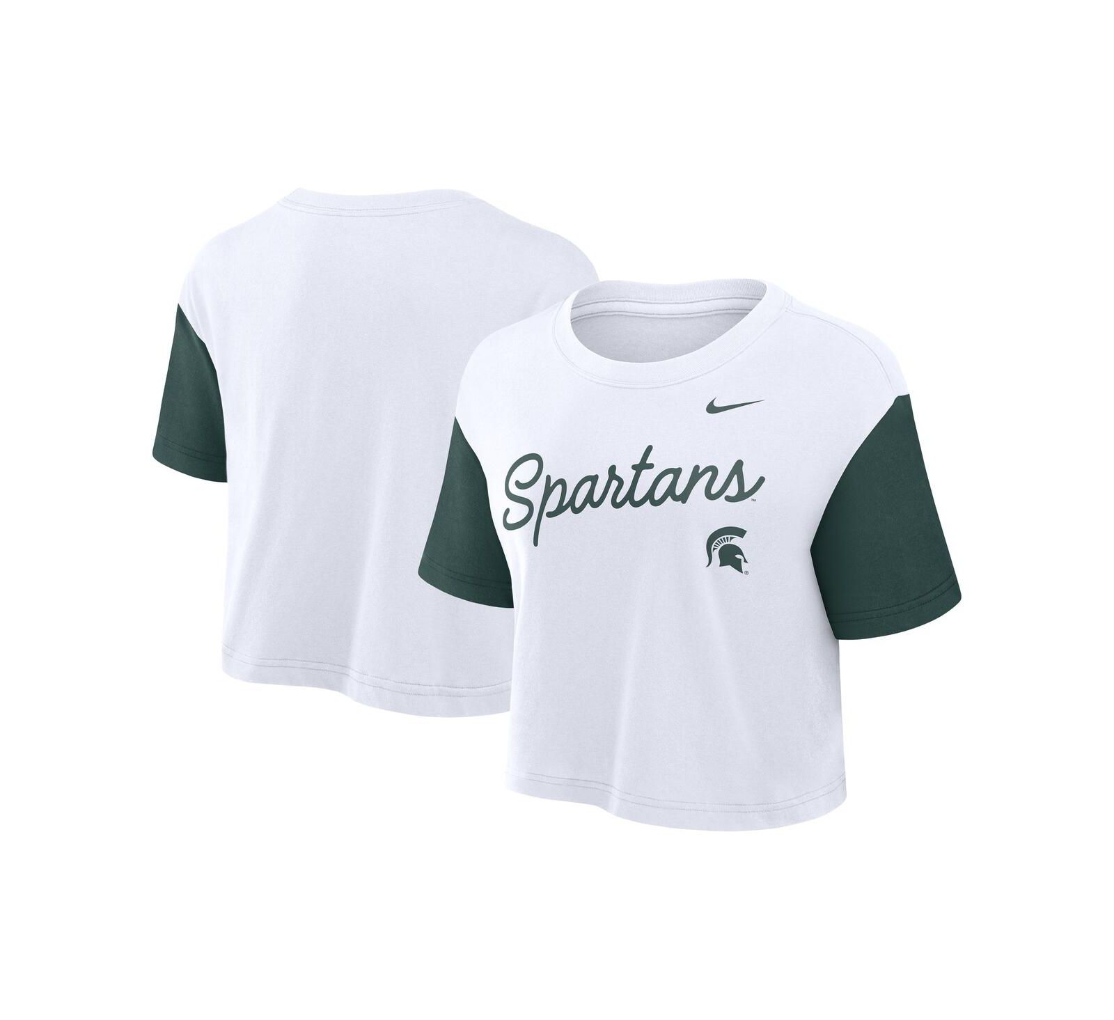 Nike Women's White/Green Michigan State Spartans Color Block Script Performance Cropped T-Shirt