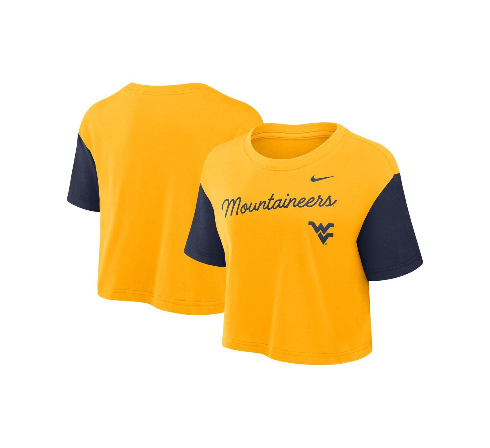 Nike Women's Gold/Navy West Virginia Mountaineers Color Block Script Performance Cropped T-Shirt