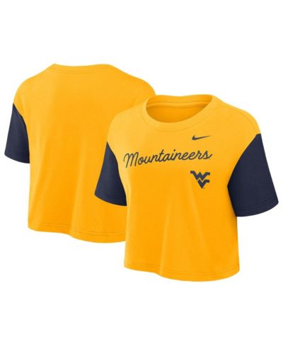 Nike Women's Gold/Navy West Virginia Mountaineers Color Block Script Performance Cropped T-Shirt