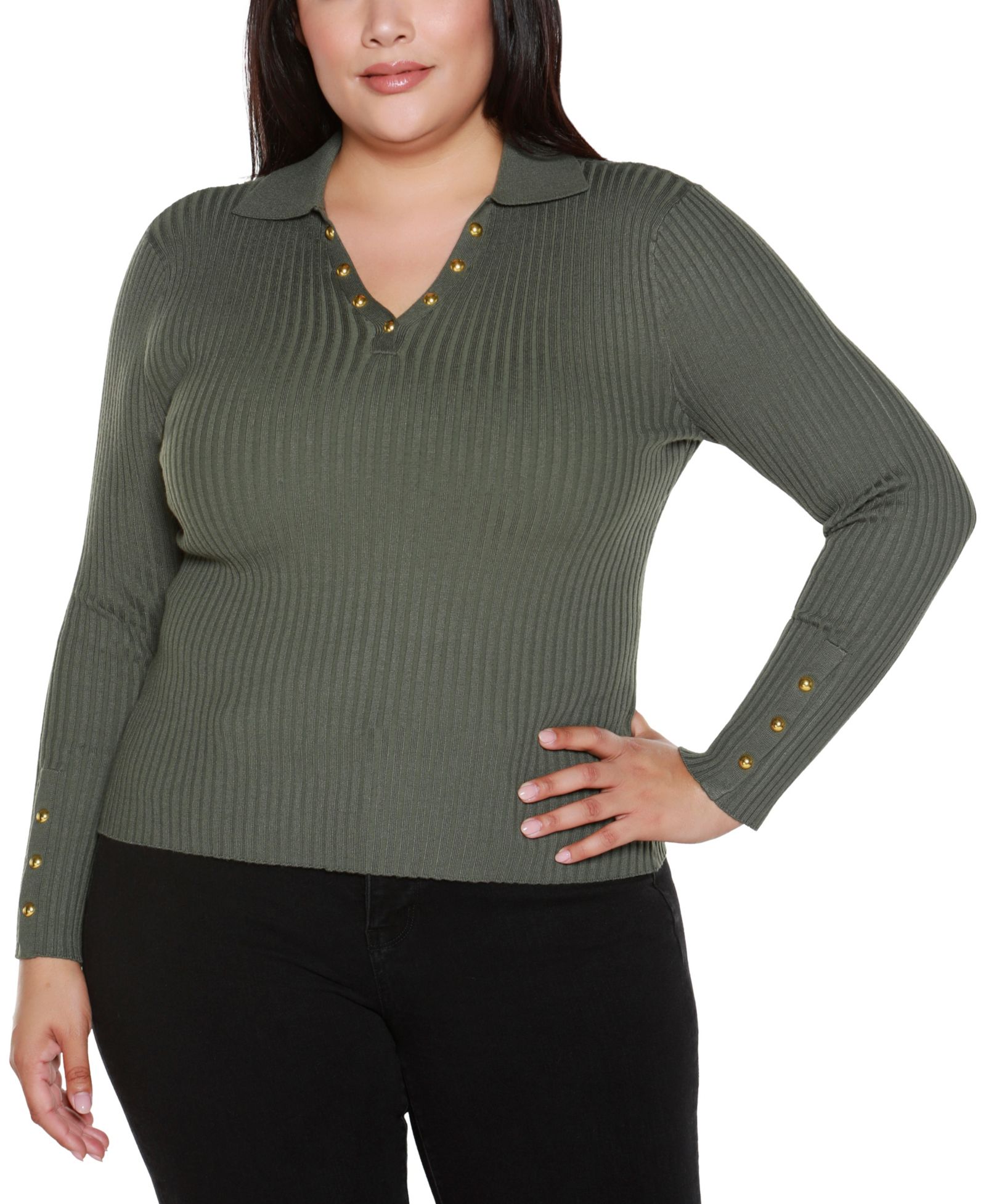 Belldini Plus Size Long Sleeve Johnny Collar Sweater