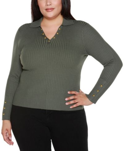 Belldini Plus Size Long Sleeve Johnny Collar Sweater