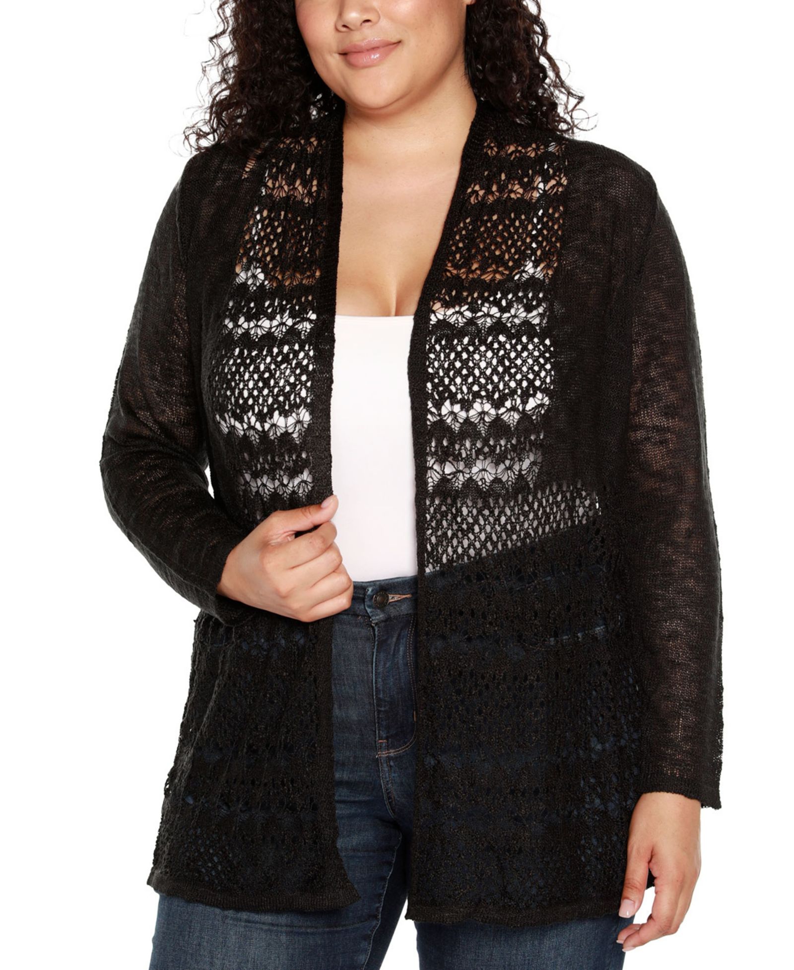 Belldini Plus Size Open-Front Pointelle-Trim Cardigan Sweater