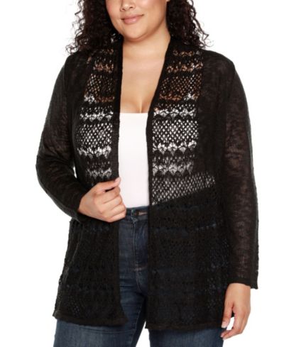 Belldini Plus Size Open-Front Pointelle-Trim Cardigan Sweater