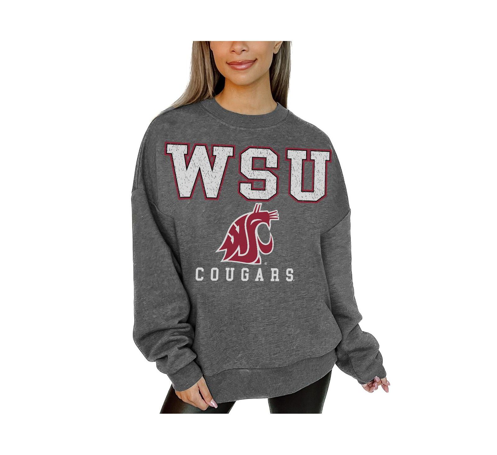 Gameday Couture Women's Heather Charcoal Washington State Cougars Oversized Distressed Fleece Pullover Sweatshirt