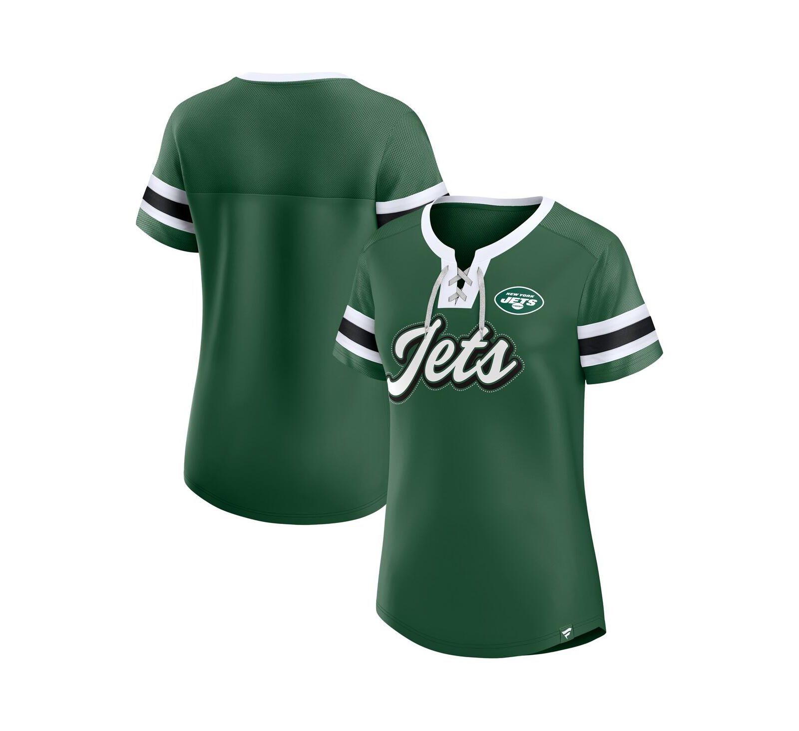 Женская футболка Fanatics New York Jets True Catch Iconic, зеленая, с пайетками и шнуровкой