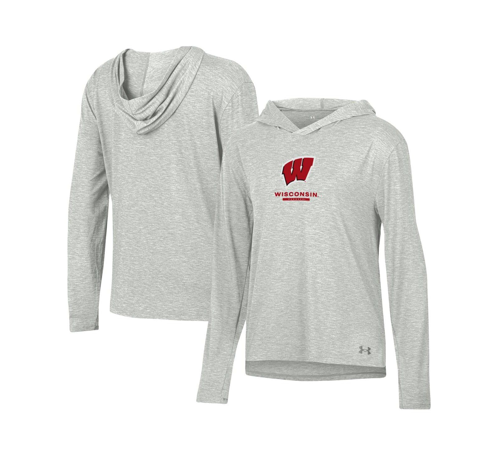 Under Armour Women's Heather Gray Wisconsin Badgers Tri-Blend Breezy Long Sleeve Hoodie T-Shirt