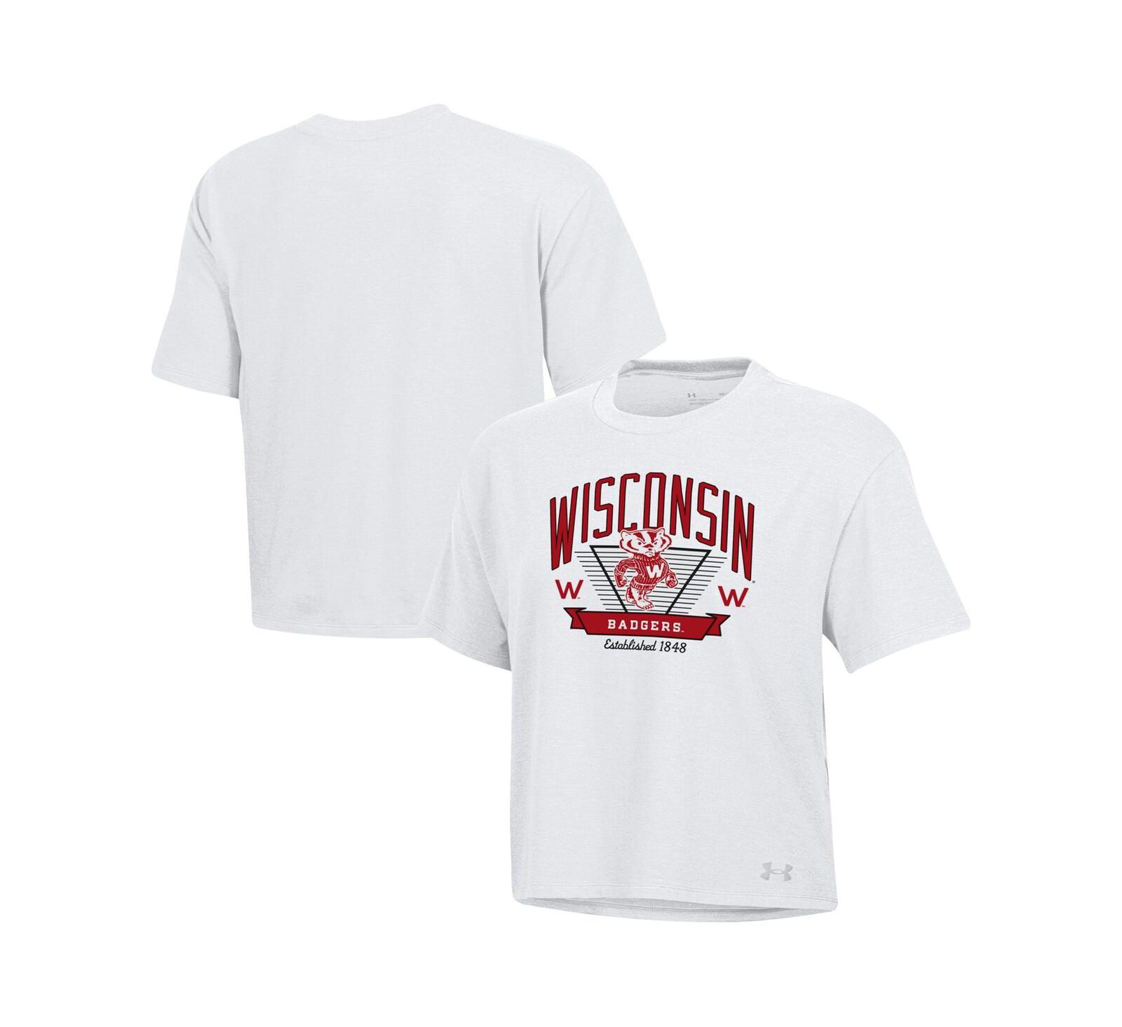 Under Armour Women's White Wisconsin Badgers Essentials Icon Ultra-Soft Tri-Blend Boxy Cropped T-Shirt