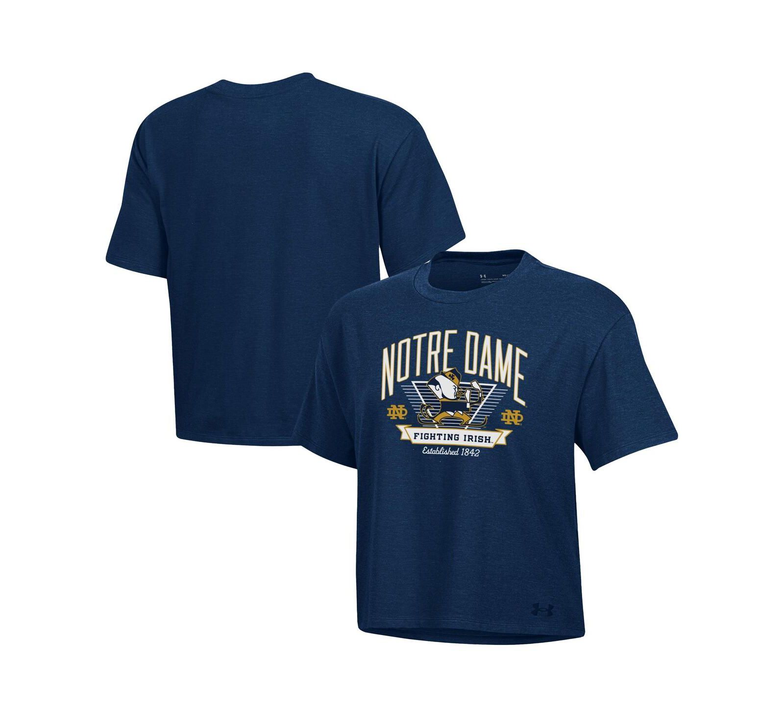 Under Armour Women's Navy Notre Dame Fighting Irish Essentials Icon Ultra-Soft Tri-Blend Boxy Cropped Performance T-Shirt