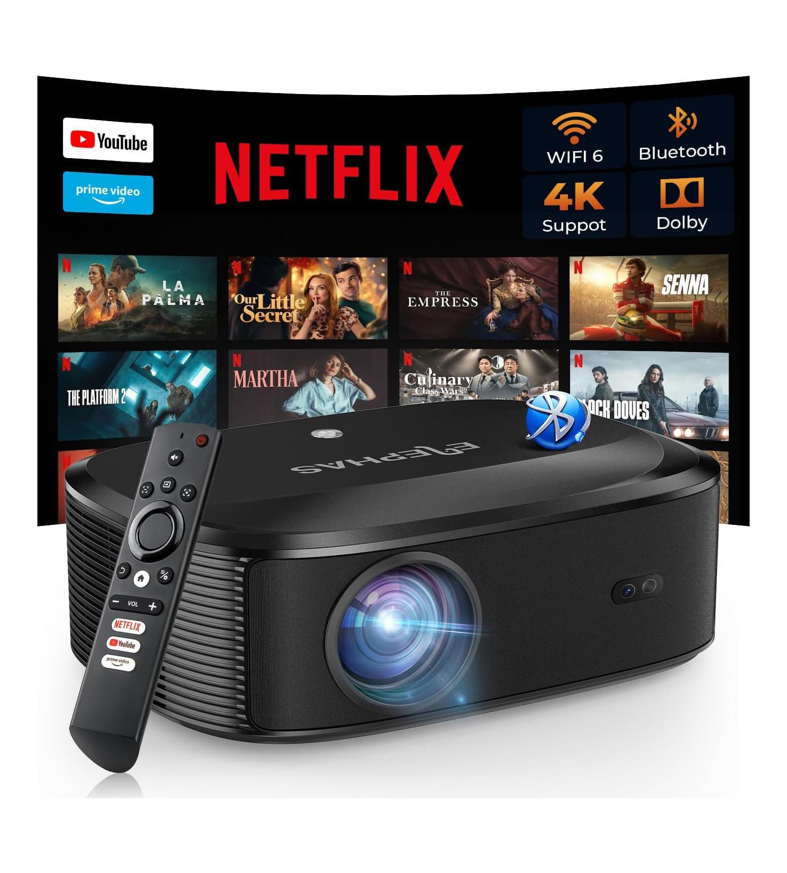 Проектор с Wi-Fi и Bluetooth, уличный проектор со встроенными NETFLIX/Prime Video/YouTube, поддержка более 100,000 приложений
