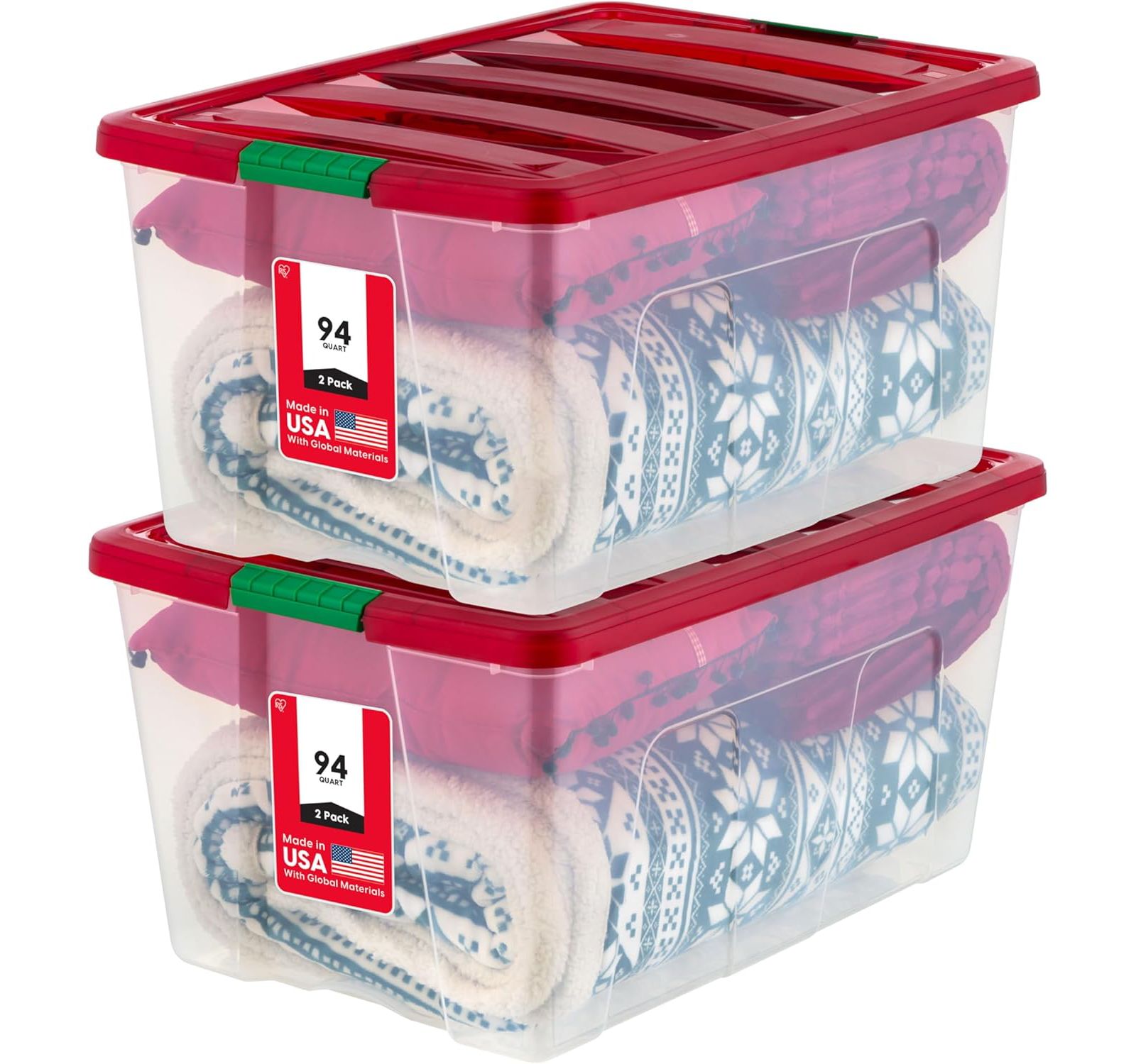 IRIS 94 Qt Stackable Holiday Plastic Storage Bins with Lids and Latching Buckles, Clear/Red, 2Pk