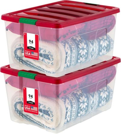 IRIS 94 Qt Stackable Holiday Plastic Storage Bins with Lids and Latching Buckles, Clear/Red, 2Pk