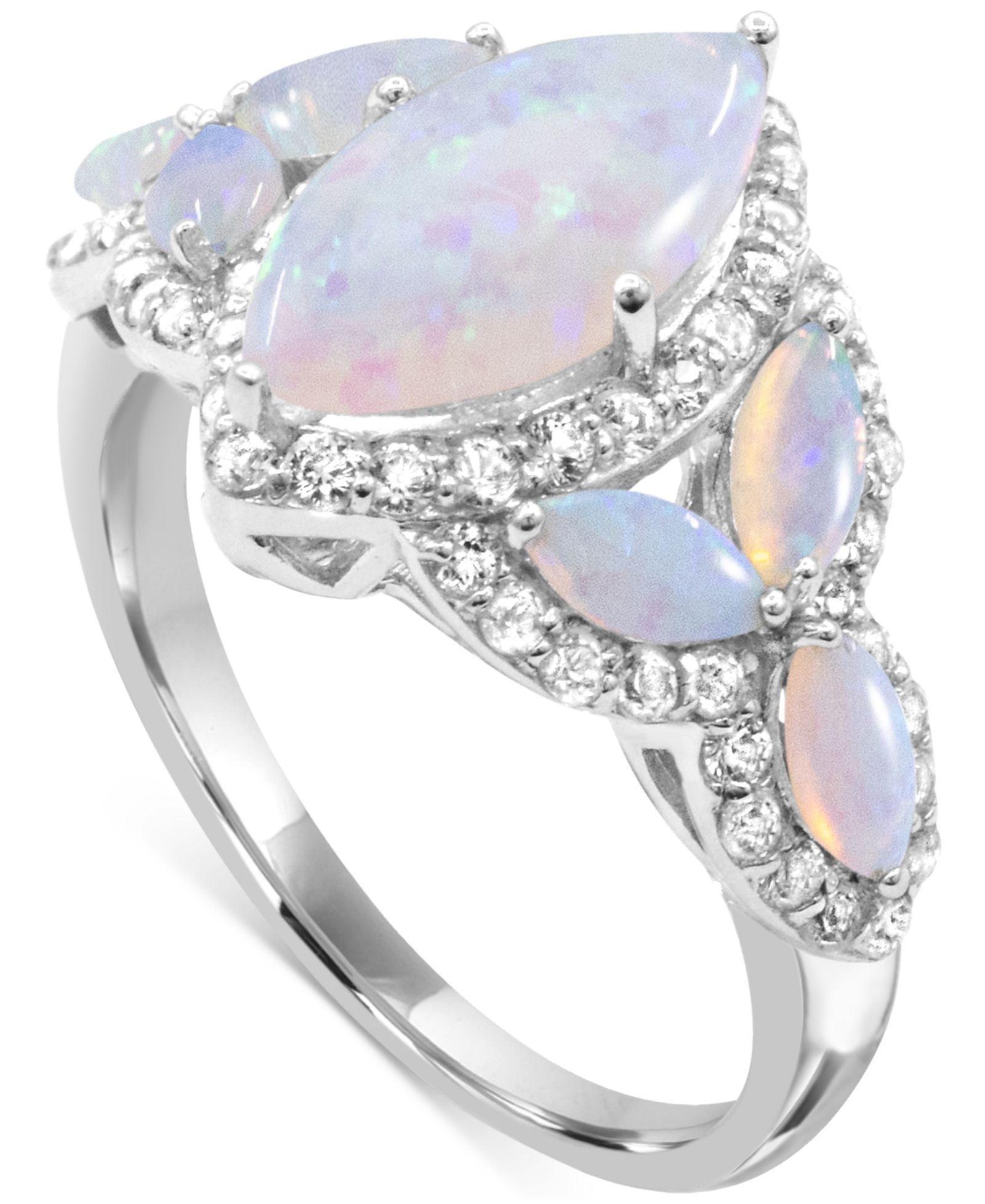Кольцо с опалом 12 x 6mm и белым топазом Marquise Statement в серебре Sterling Silver