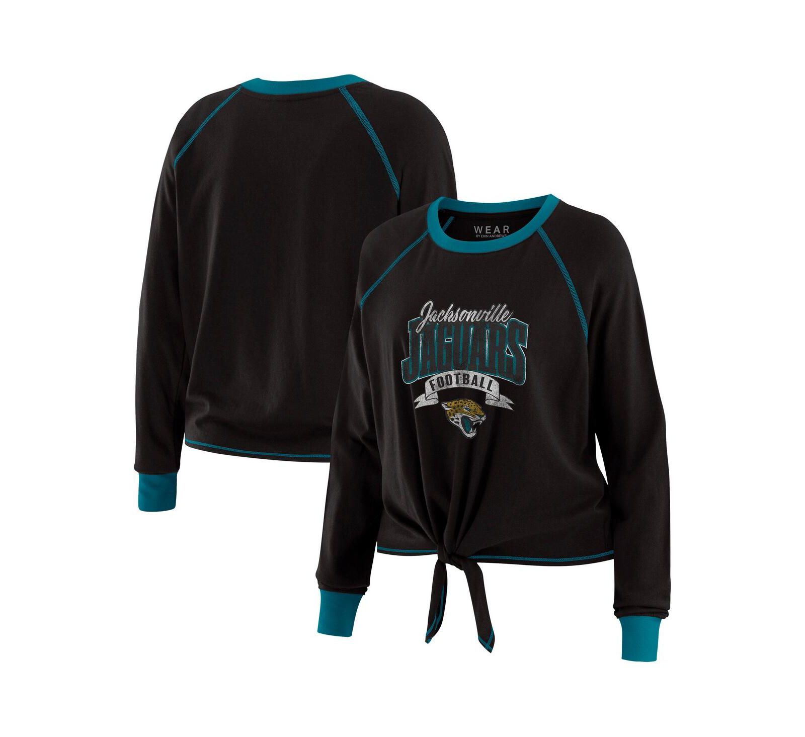 Женский топ WEAR by Erin Andrews Black/Teal Jacksonville Jaguars Tie-Front Long Sleeve