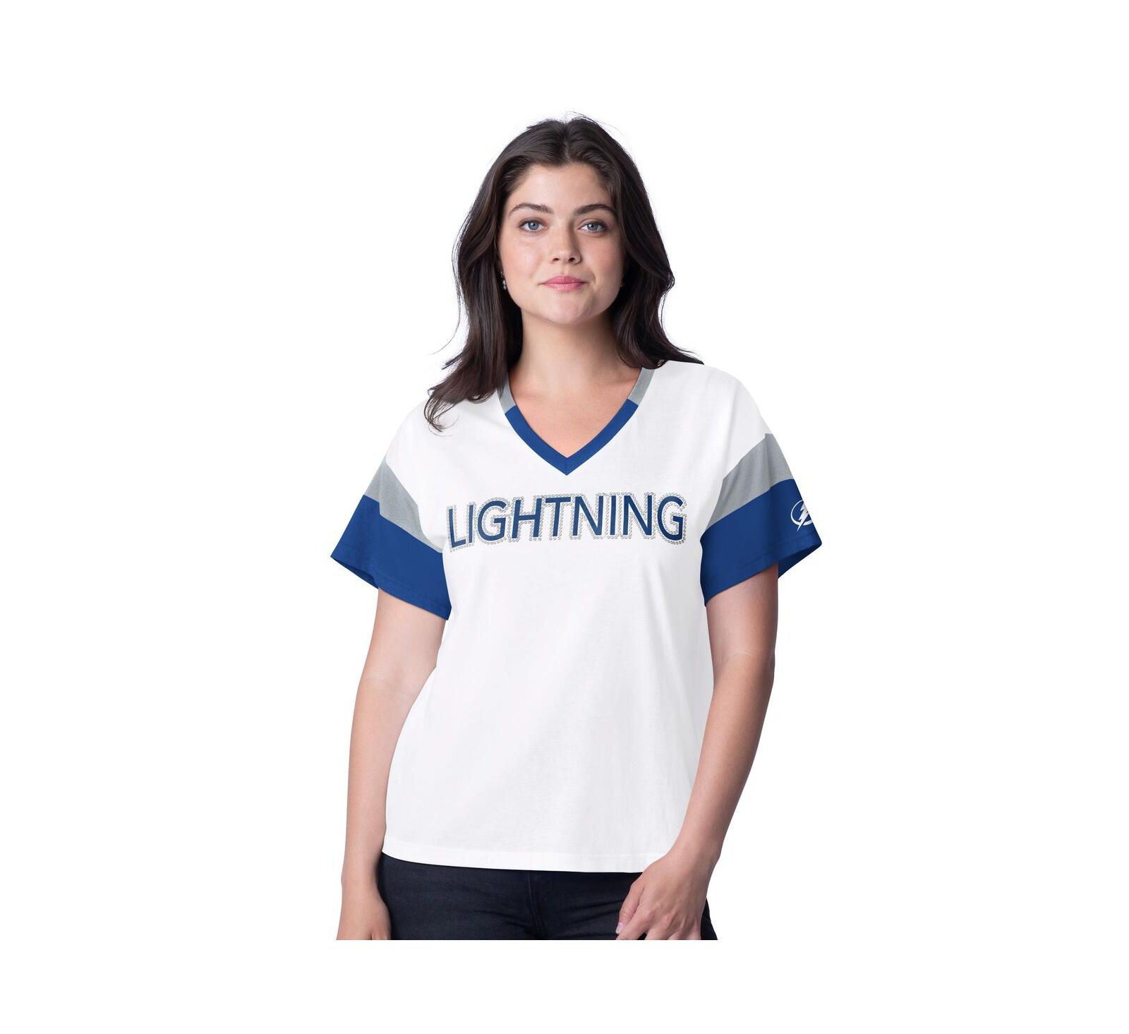 G-III 4Her by Carl Banks Women's White Tampa Bay Lightning Rink Oversized Rhinestone V-Neck T-Shirt