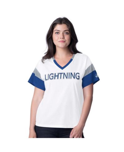 G-III 4Her by Carl Banks Women's White Tampa Bay Lightning Rink Oversized Rhinestone V-Neck T-Shirt