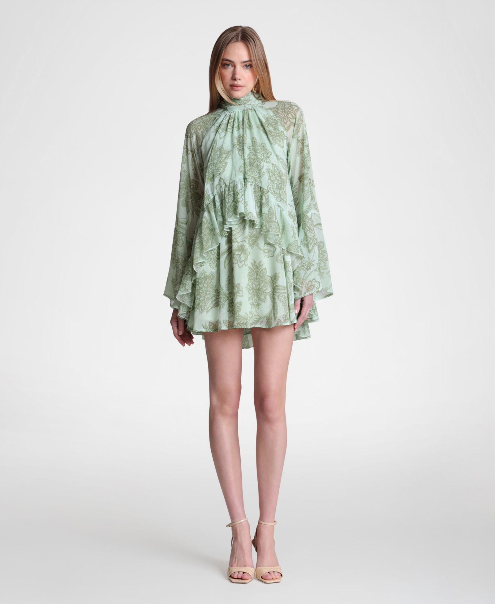 Женское мини-платье Avec Les Filles Mock Neck Tiered Ruffle Mini Dress