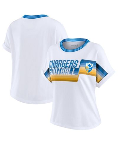 WEAR by Erin Andrews Women's White Los Angeles Chargers Cropped Center Stripe Dolman T-Shirt