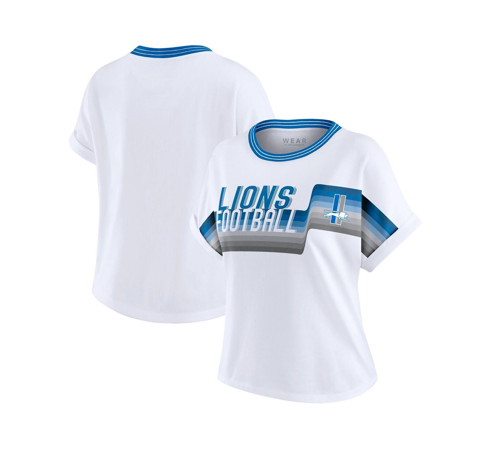 WEAR by Erin Andrews Women's White Detroit Lions Cropped Center Stripe Dolman T-Shirt
