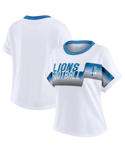 WEAR by Erin Andrews Women's White Detroit Lions Cropped Center Stripe Dolman T-Shirt