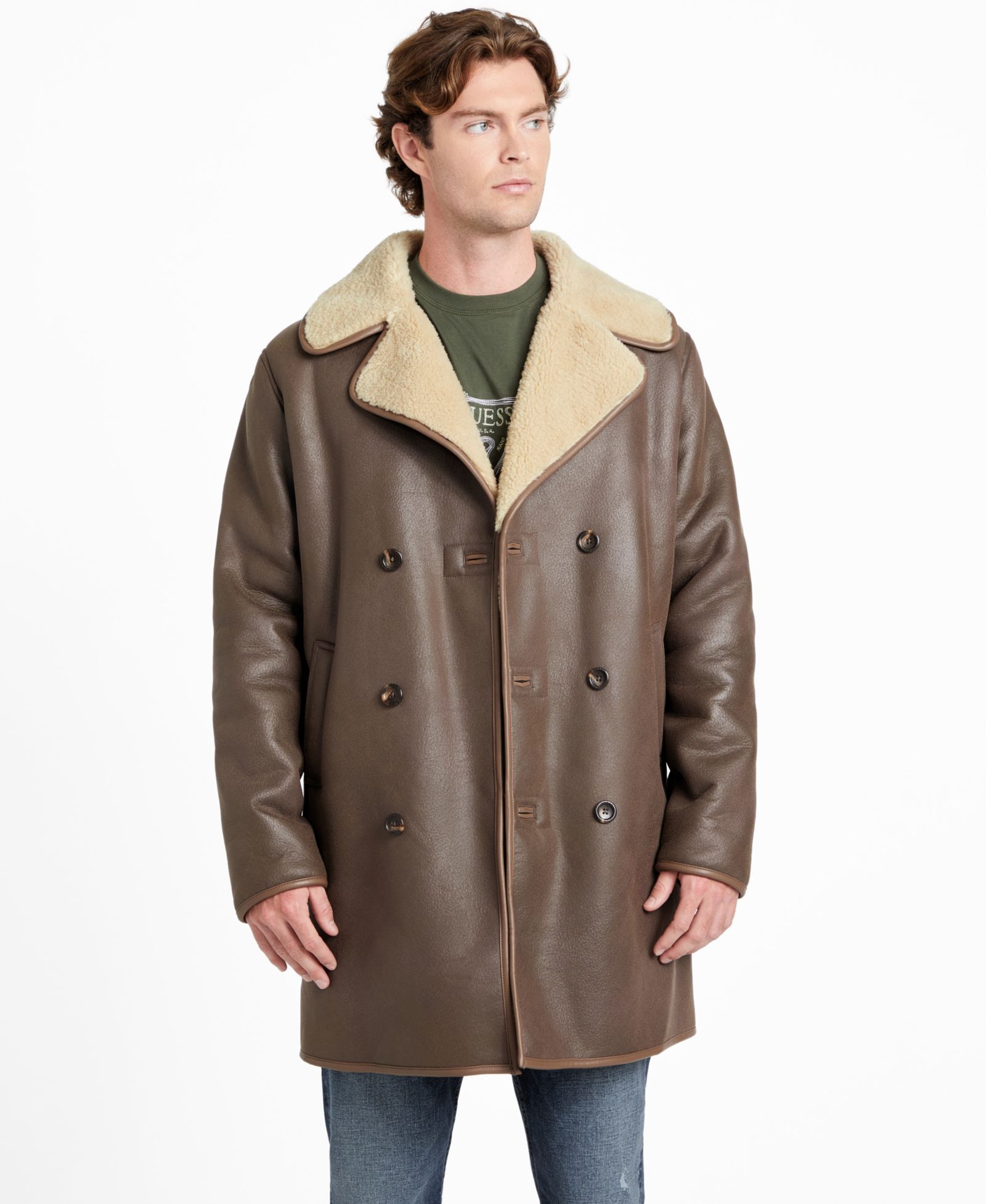 GUESS Men's Double Breasted Faux Leather Coat