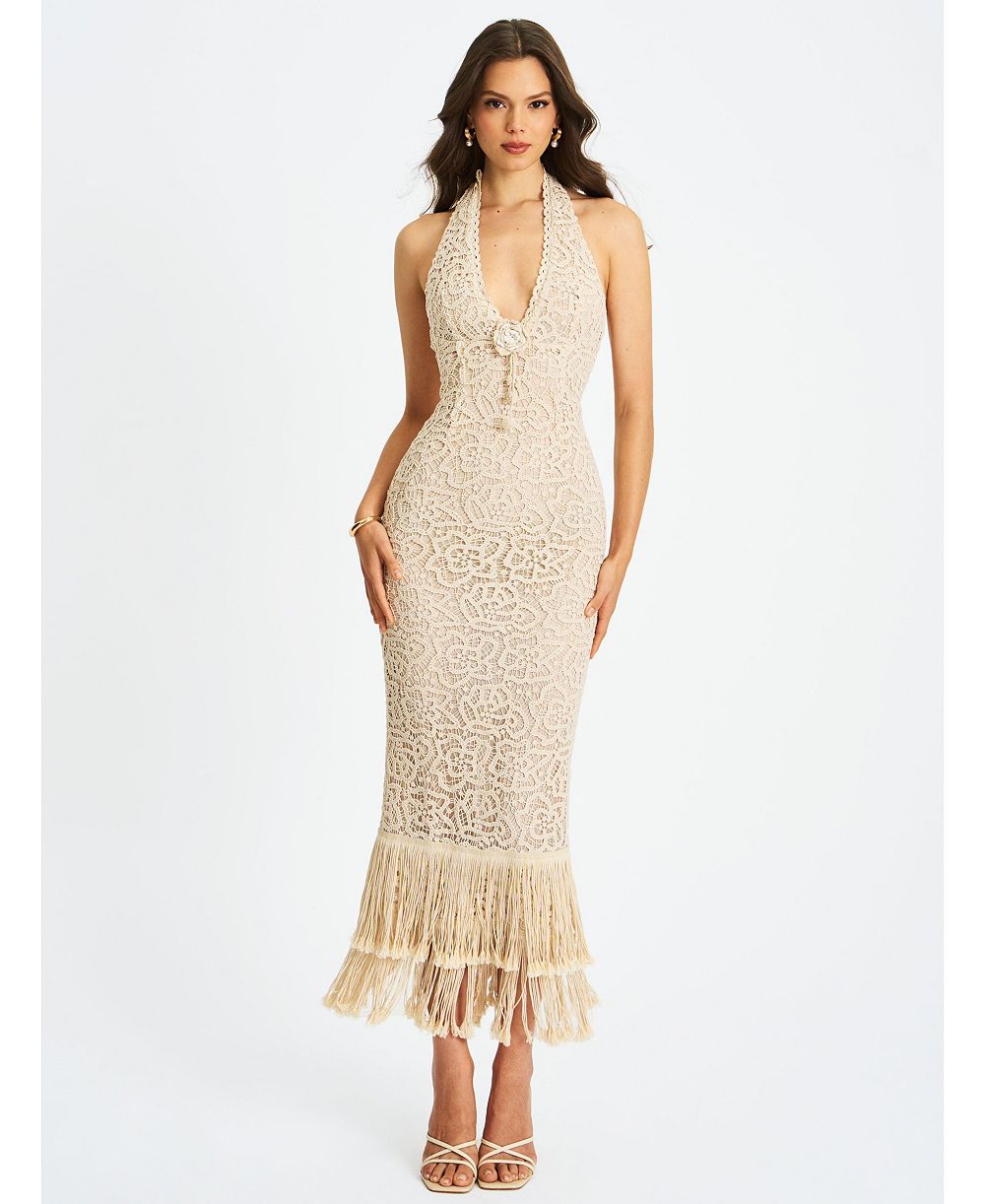 Miss Circle Женское платье макси Faelyn Off-White Double Fringe Crochet Halter