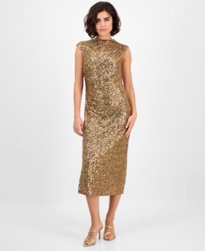 Anne Klein Women's Drape-Neck Sleeveless Sequin Dress