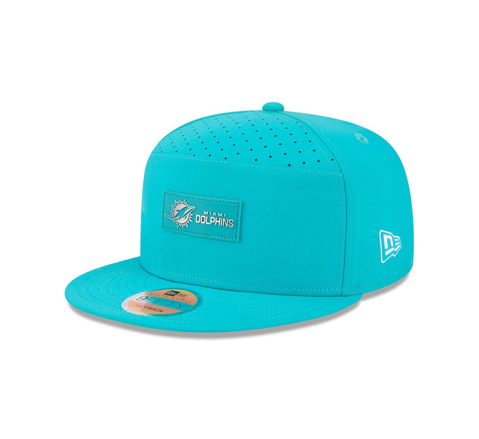 Мужская кепка New Era Aqua Miami Dolphins 2025 Sideline Split Panel 9FIFTY Snapback