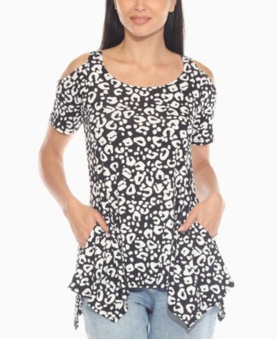 White Mark Women's Cold Shoulder Leopard Print Short Sleeve Top