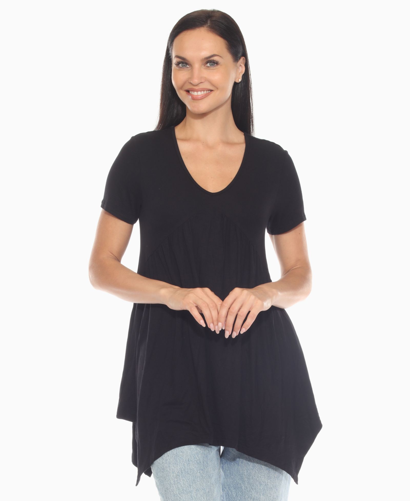 White Mark Women's Short Sleeve Shirred Front Knit Tunic Top