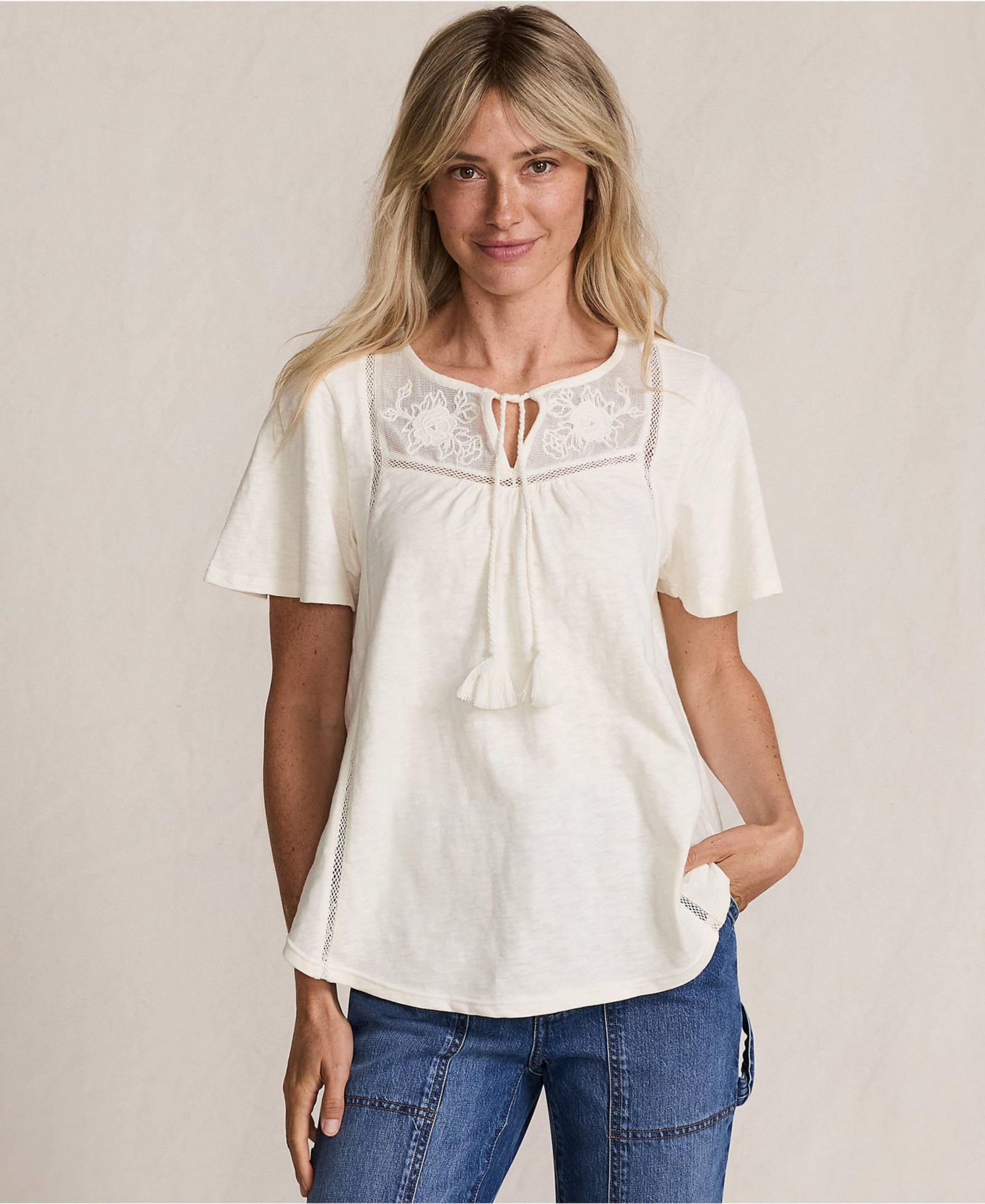 Lands' End Women's Slub Flutter Sleeve Lace Trim Notch Neck Tunic Top