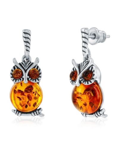 Sterling , Amber Owl Dangle Earrings