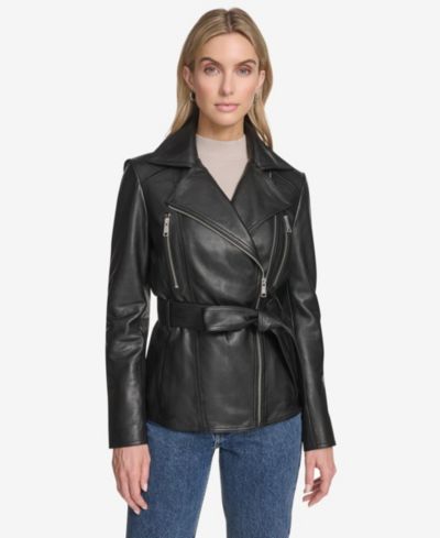 Andrew Marc Women's Violet Belted Moto Leather Jacket