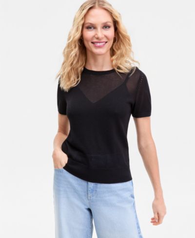 I.N.C. International Concepts Women's Lightweight Metallic-Knit Short-Sleeve Sweater, Macy's Exclusive