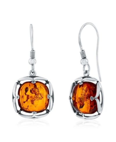 Sterling , Square Designed Amber Dangle Earrings