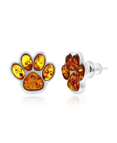 Sterling , Amber Paw Print Studs