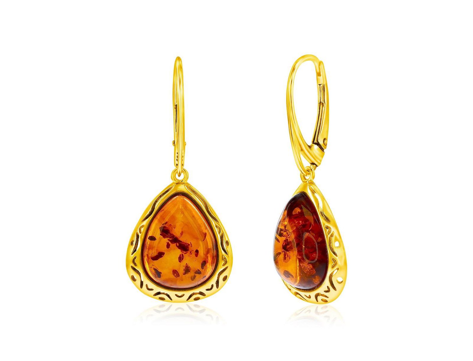 Sterling , Triangle Amber, Designed Outline Earrings - Plated