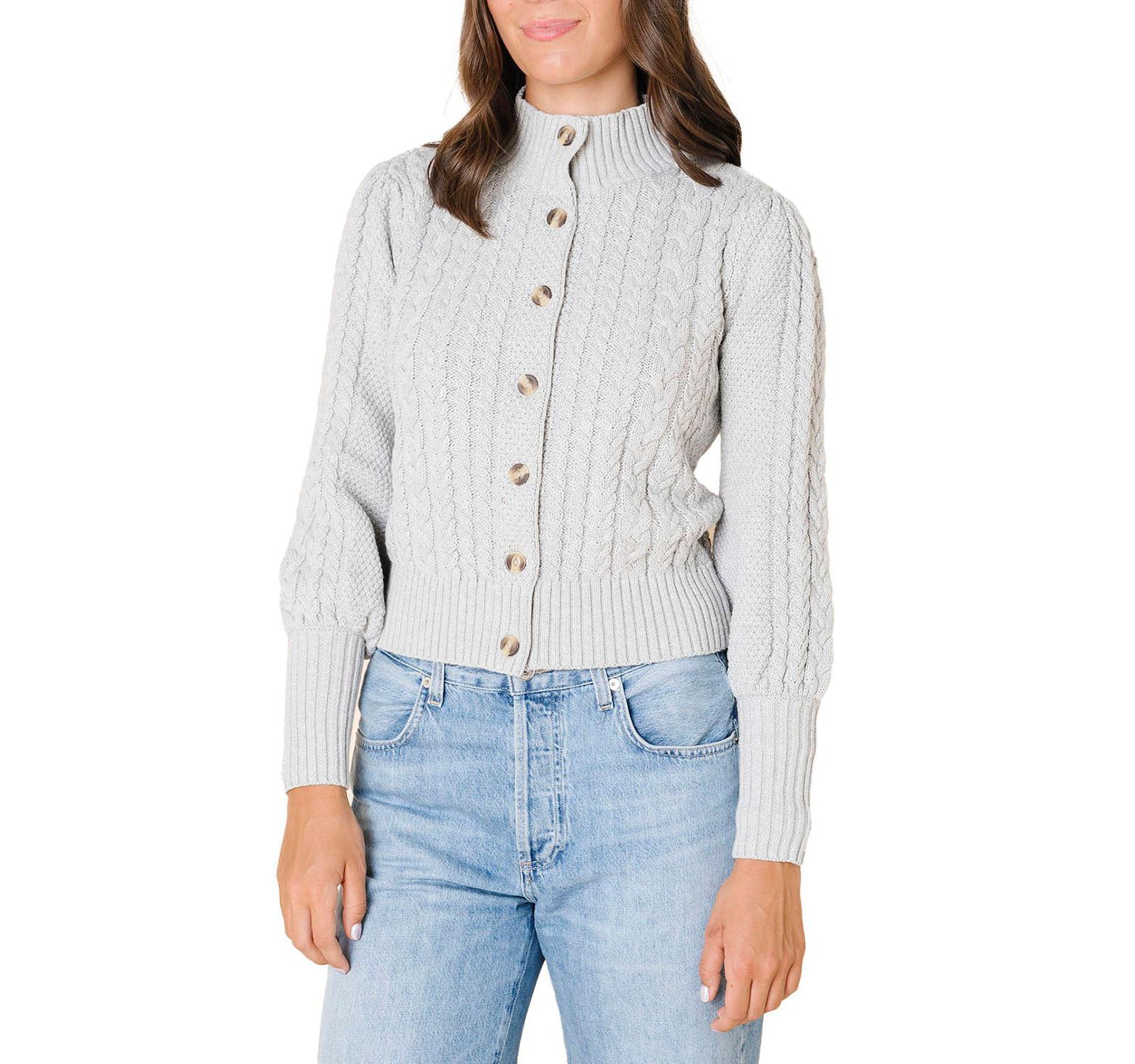 Hope & Henry Women's Hope and Henry Organic Mock Neck Cable Cardigan Sweater