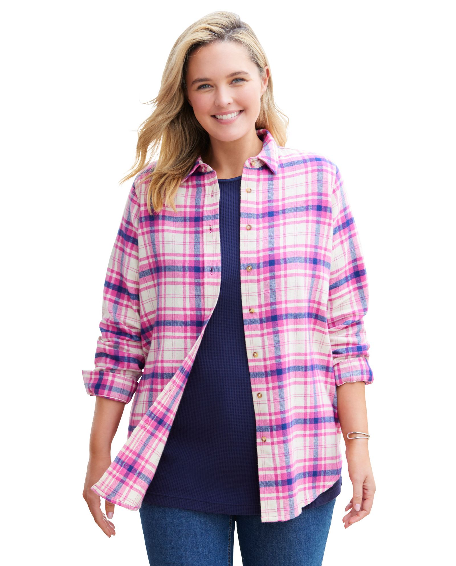 Woman Within Plus Size Within Plaid Double-Brushed Cotton Flannel Shirt