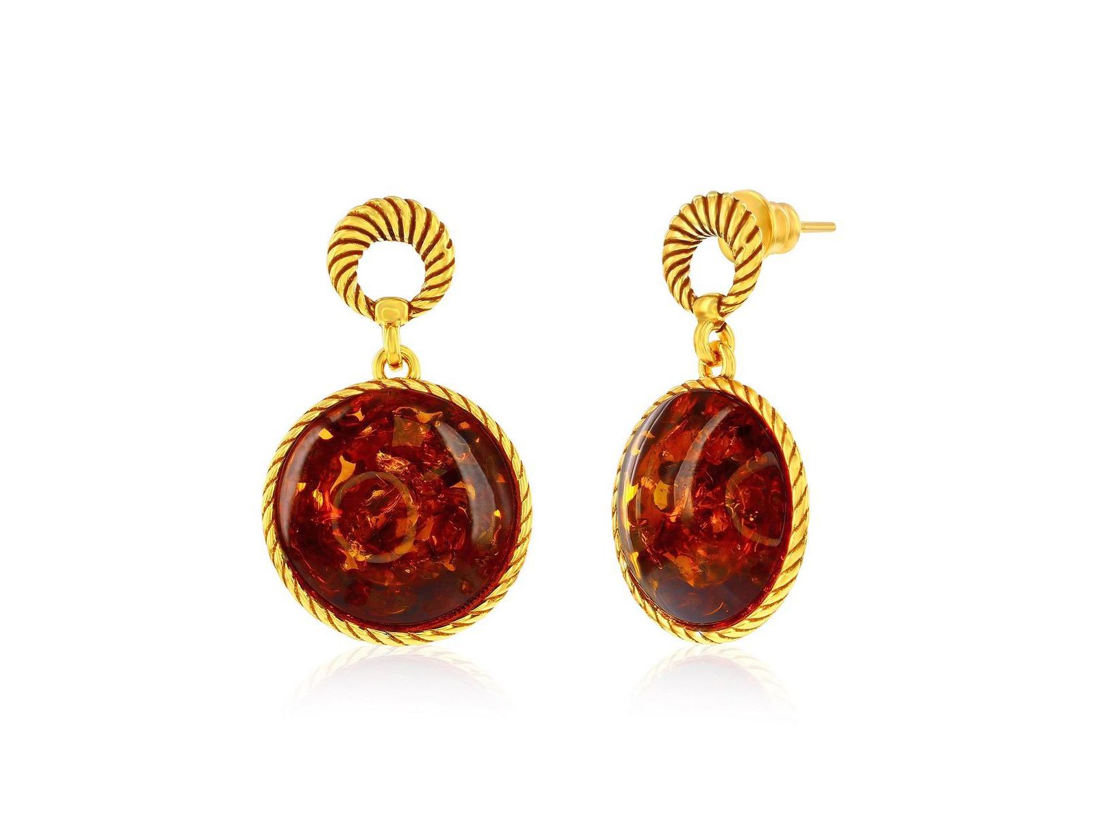 Sterling , Round Amber, Rope Design Outline Earrings - Plated