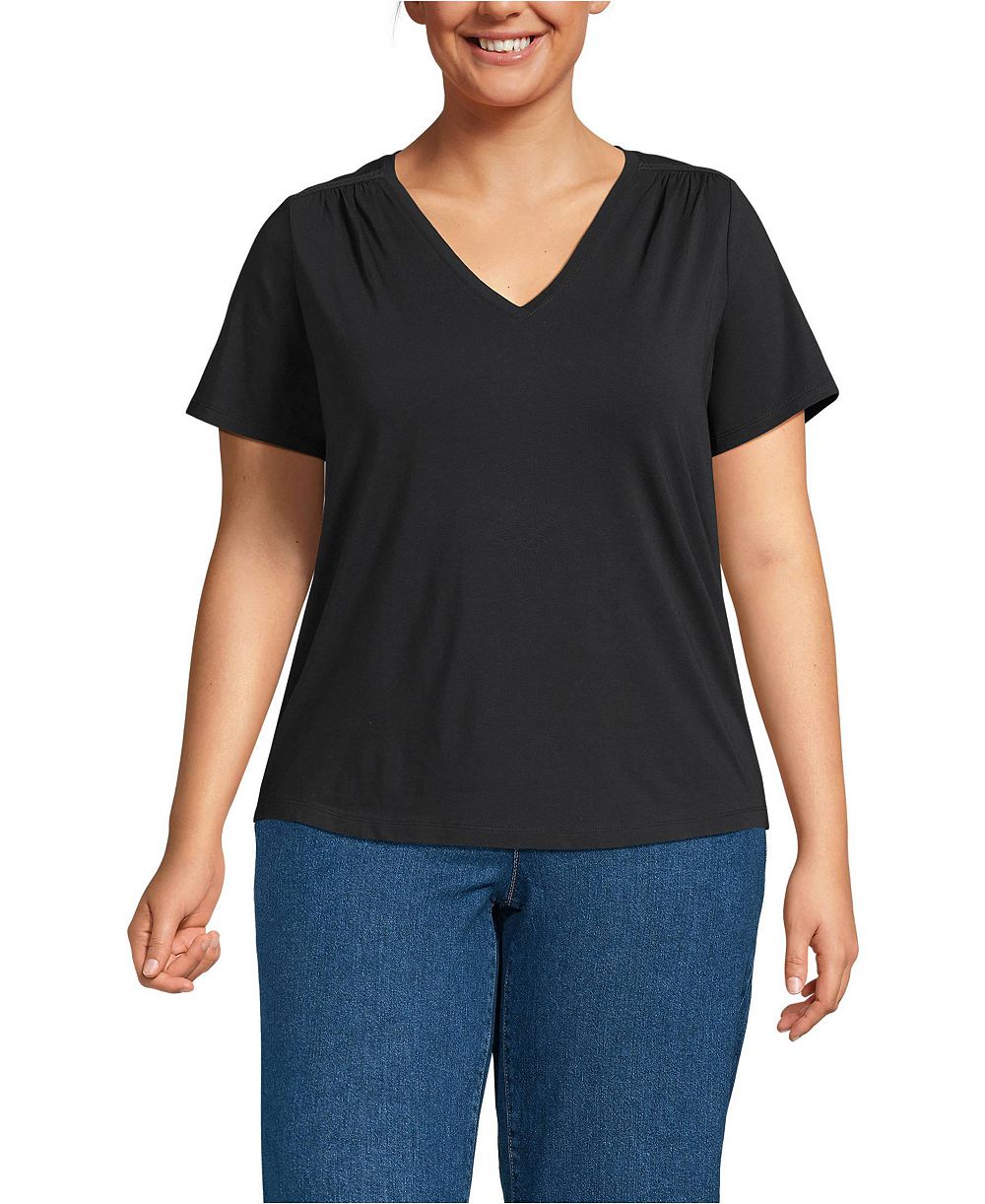 Lands' End Plus Size Short Sleeve Lightweight Jersey Gathered Shoulder T-Shirt