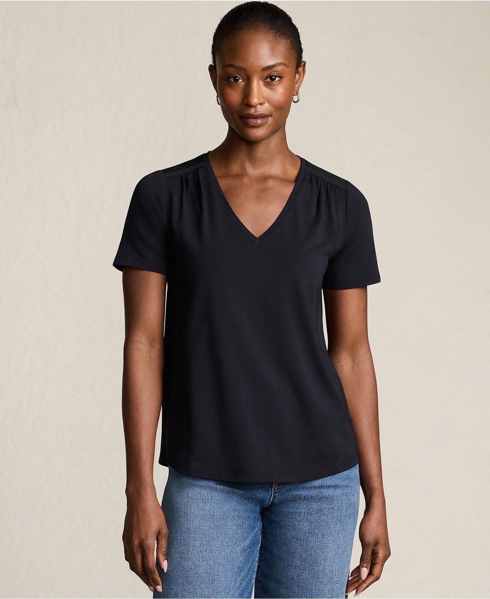 Lands' End Women's Short Sleeve Lightweight Jersey Gathered Shoulder T-Shirt