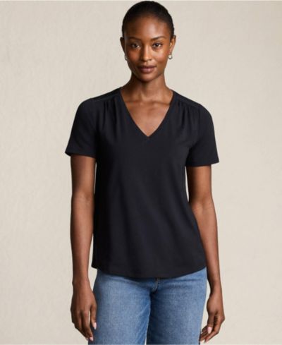 Lands' End Women's Short Sleeve Lightweight Jersey Gathered Shoulder T-Shirt