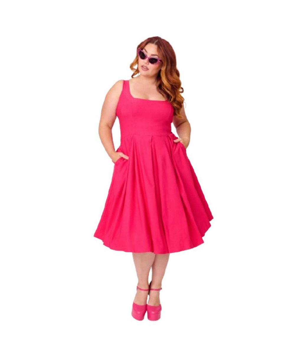 Unique Vintage Plus Size Square Neck Pleated Swing Dress