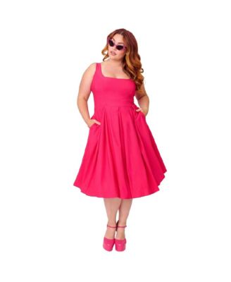 Unique Vintage Plus Size Square Neck Pleated Swing Dress