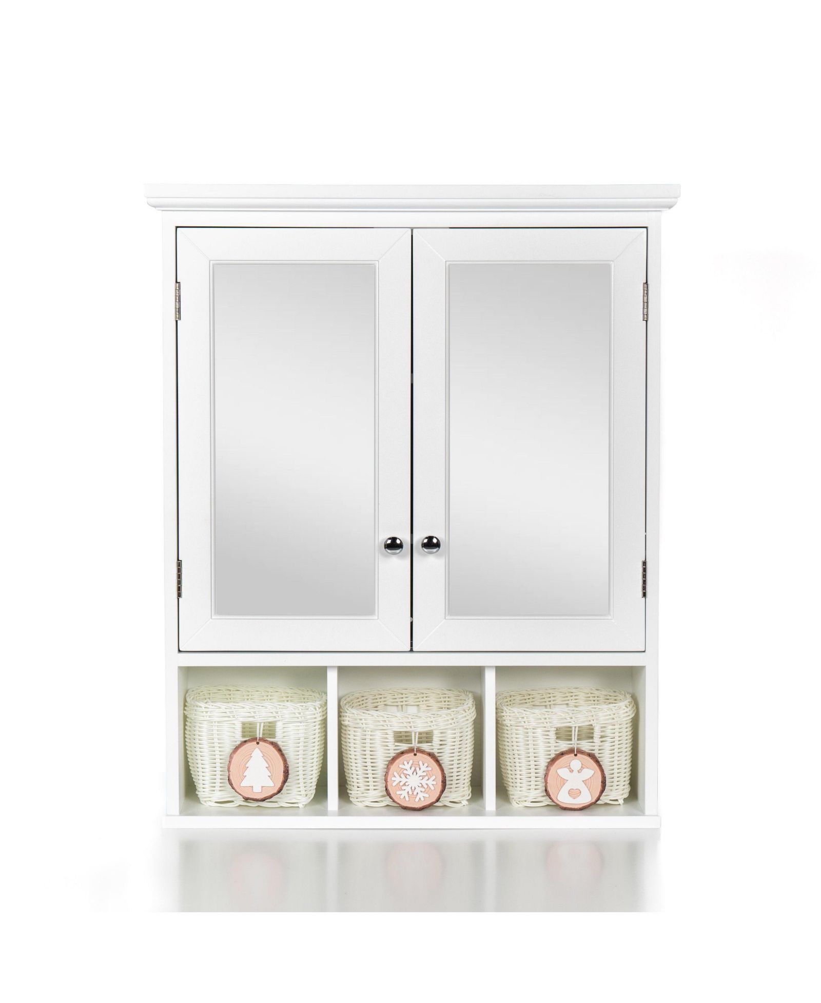 CASAINC White Bathroom Mirror Cabinet with Double Doors and Christmas Style Storage Baskets