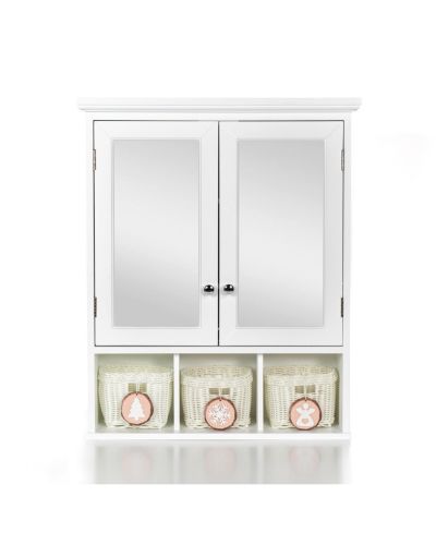 CASAINC White Bathroom Mirror Cabinet with Double Doors and Christmas Style Storage Baskets